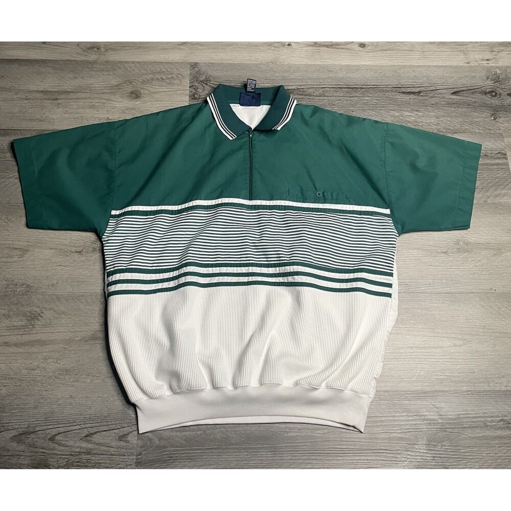 Vtg Boulevard Club Men’s Striped Color Block 1/4 Zip Polo Green/White US L